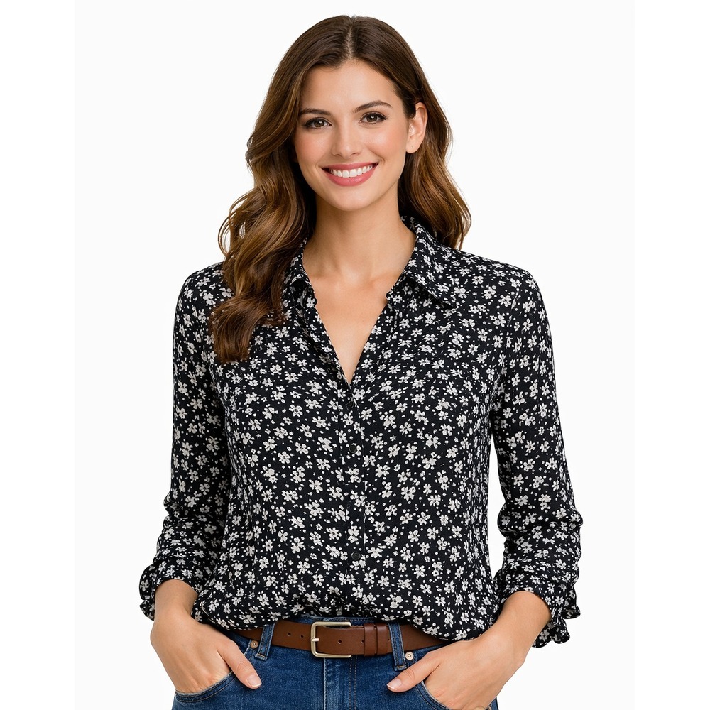 MNG Women's XS Black White Floral Ruffle Blouse Long Sleeve Smocked Stretch Top